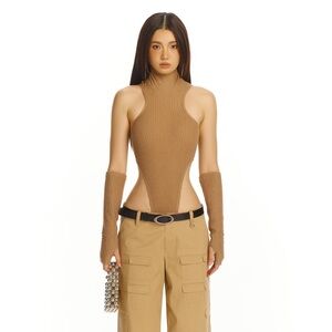 Sculpted Halter Bodysuit in Tan